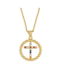 U.S. Rhinestone Cross Inlaid Hollow-out Round Shape Pendant Classic Design Golden Women Copper Wholesale Necklace