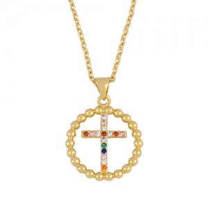 U.S. Rhinestone Cross Inlaid Hollow-out Round Shape Pendant Classic Design Golden Women Copper Wholesale Necklace