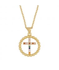 U.S. Rhinestone Cross Inlaid Hollow-out Round Shape Pendant Classic Design Golden Women Copper Wholesale Necklace