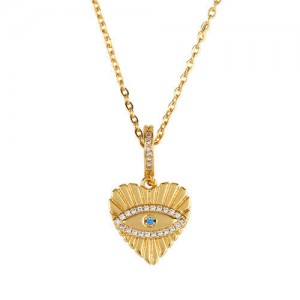 Bohemian Style Heart Shape Rhinestone Inlaid Eye Women Vintage Costume Copper Necklace