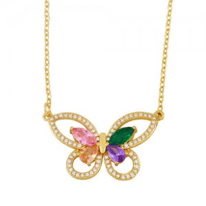 Hollow-out Colorful Cubic Zirconia Inlaid Butterfly Classical Design Elegant Women Wholesale Necklace