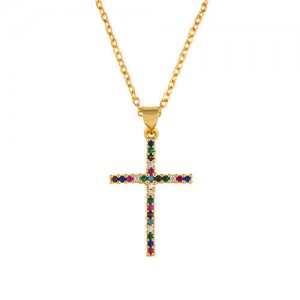 Internet Celebrity Choice Colorful Rhinestone Embellished Cross Women/ Men Copper Wholesale Necklace