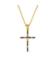 Internet Celebrity Choice Colorful Rhinestone Embellished Cross Women/ Men Copper Wholesale Necklace
