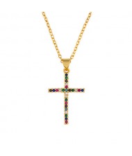 Internet Celebrity Choice Colorful Rhinestone Embellished Cross Women/ Men Copper Wholesale Necklace