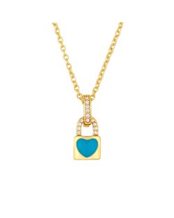 Heart Decorated Lock Pendant Minimalist Design U.S. Fashion Wholesale Jewelry Women Copper Necklace - Blue
