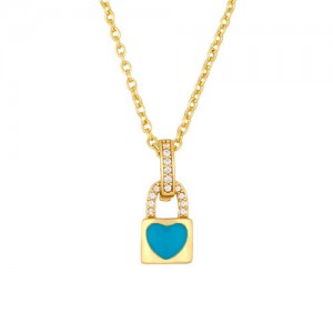 Heart Decorated Lock Pendant Minimalist Design U.S. Fashion Wholesale Jewelry Women Copper Necklace - Blue