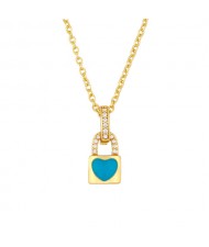 Heart Decorated Lock Pendant Minimalist Design U.S. Fashion Wholesale Jewelry Women Copper Necklace - Blue