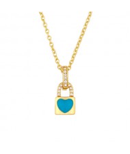 Heart Decorated Lock Pendant Minimalist Design U.S. Fashion Wholesale Jewelry Women Copper Necklace - Blue