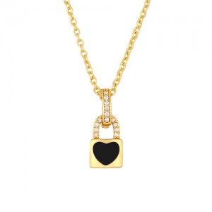 Heart Decorated Lock Pendant Minimalist Design U.S. Fashion Wholesale Jewelry Women Copper Necklace - Black