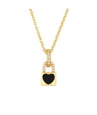 Heart Decorated Lock Pendant Minimalist Design U.S. Fashion Wholesale Jewelry Women Copper Necklace - Black