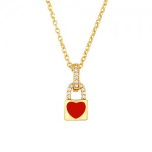 Heart Decorated Lock Pendant Minimalist Design U.S. Fashion Wholesale Jewelry Women Copper Necklace - Red