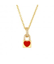 Heart Decorated Lock Pendant Minimalist Design U.S. Fashion Wholesale Jewelry Women Copper Necklace - Red