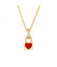 Heart Decorated Lock Pendant Minimalist Design U.S. Fashion Wholesale Jewelry Women Copper Necklace - Red