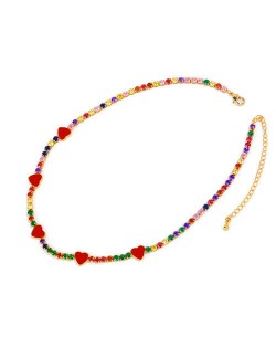 Hearts Decorated Rhinestone Chain Minimalist Design High Fashion Women Copper Wholesale Necklace - Colorful Red