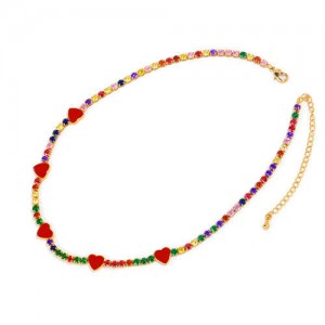 Hearts Decorated Rhinestone Chain Minimalist Design High Fashion Women Copper Wholesale Necklace - Colorful Red