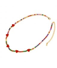 Hearts Decorated Rhinestone Chain Minimalist Design High Fashion Women Copper Wholesale Necklace - Colorful Red