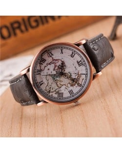 Vintage World Map Design Roman Numeral Leather Wrist Watch - Gray