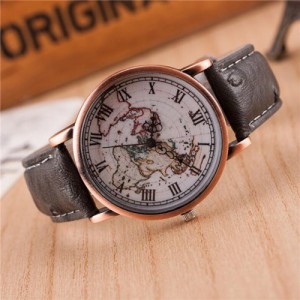 Vintage World Map Design Roman Numeral Leather Wrist Watch - Gray
