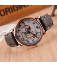 Vintage World Map Design Roman Numeral Leather Wrist Watch - Gray