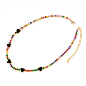 Hearts Decorated Rhinestone Chain Minimalist Design High Fashion Women Copper Wholesale Necklace - Colorful Black