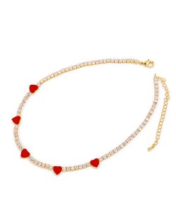 Hearts Decorated Rhinestone Chain Minimalist Design High Fashion Women Copper Wholesale Necklace - Red