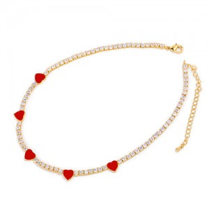 Hearts Decorated Rhinestone Chain Minimalist Design High Fashion Women Copper Wholesale Necklace - Red
