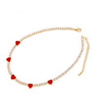 Hearts Decorated Rhinestone Chain Minimalist Design High Fashion Women Copper Wholesale Necklace - Red