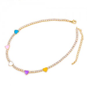 Hearts Decorated Rhinestone Chain Minimalist Design High Fashion Women Copper Wholesale Necklace - Multicolor