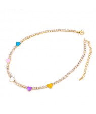 Hearts Decorated Rhinestone Chain Minimalist Design High Fashion Women Copper Wholesale Necklace - Multicolor