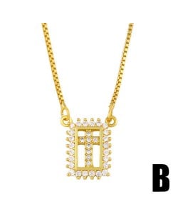 Square Shape Hollow-out Rhinestone Rimmed Design Cross Pendant Wholesale Jewelry Luxurious Copper Necklace
