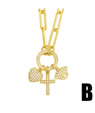 U.S. Hip-hop Cross and Heart Multiple Elements Combo Design Women Golden Wholesale Necklace