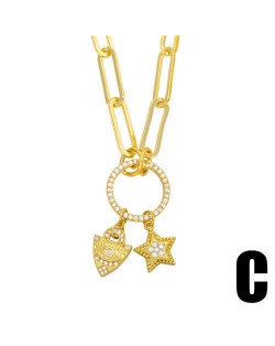 U.S. Hip-hop Wholesale Jewelry Lock and Star Combo Round Pendant Design Women Copper Necklace