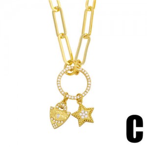 U.S. Hip-hop Wholesale Jewelry Lock and Star Combo Round Pendant Design Women Copper Necklace