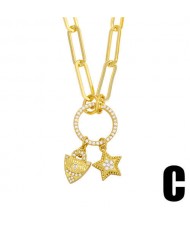 U.S. Hip-hop Wholesale Jewelry Lock and Star Combo Round Pendant Design Women Copper Necklace