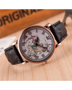 Vintage World Map Design Roman Numeral Leather Wrist Watch - Black