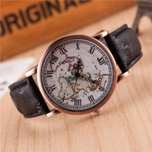 Vintage World Map Design Roman Numeral Leather Wrist Watch - Black