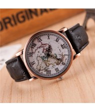 Vintage World Map Design Roman Numeral Leather Wrist Watch - Black