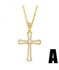 U.S. Hip-hop Classic Cross Pendant Cubic Zirconia Inlaid Fashion Women Copper Wholesale Necklace - Design A