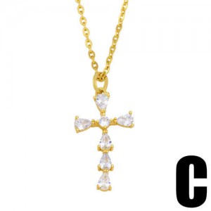 U.S. Hip-hop Classic Cross Pendant Cubic Zirconia Inlaid Fashion Women Copper Wholesale Necklace - Design C