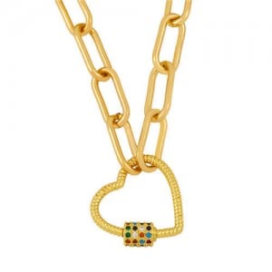 Heart Shape Pendant Bold Link Chain Hip-hop Style Wholesale Jewelry Women Copper Necklace - Multicolor
