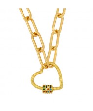 Heart Shape Pendant Bold Link Chain Hip-hop Style Wholesale Jewelry Women Copper Necklace - Multicolor