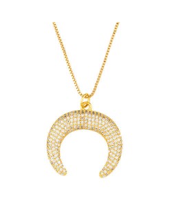 Rhinestone Embellished Moon Shape Pendant Golden Wholesale Jewelry Fashion Women Copper Necklace