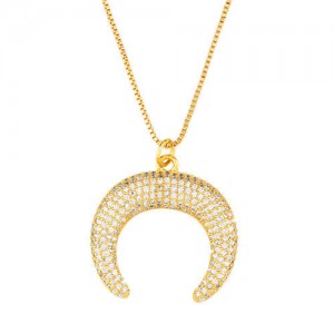 Rhinestone Embellished Moon Shape Pendant Golden Wholesale Jewelry Fashion Women Copper Necklace