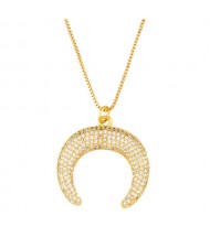 Rhinestone Embellished Moon Shape Pendant Golden Wholesale Jewelry Fashion Women Copper Necklace