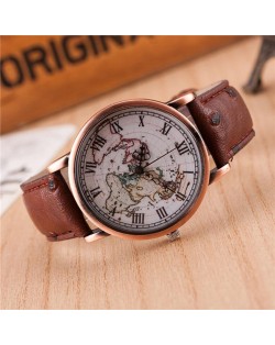 Vintage World Map Design Roman Numeral Leather Wrist Watch - Coffee