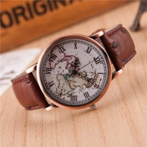 Vintage World Map Design Roman Numeral Leather Wrist Watch - Coffee