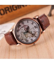 Vintage World Map Design Roman Numeral Leather Wrist Watch - Coffee