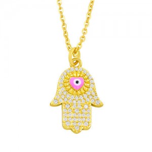 Attractive Heart Shape Eye Palm Design Pendant U.S. Fashion Wholesale Jewelry Copper Necklace - Pink