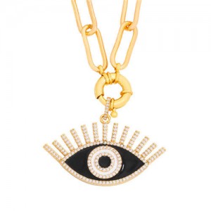 Cubic Zirconia Embellished Evil Eye Hip-hop Style Wholesale Jewelry Women Copper Necklace - Black