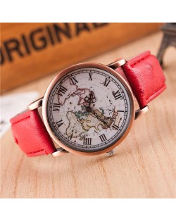 Vintage World Map Design Roman Numeral Leather Wrist Watch - Red